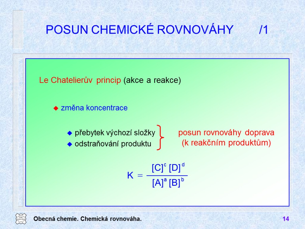 Obecná chemie. Chemická rovnováha. 14 Le Chatelierův princip (akce a reakce) POSUN CHEMICKÉ ROVNOVÁHY